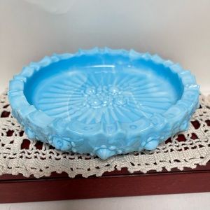 Vintage blue slag glass ashtray large with floral print